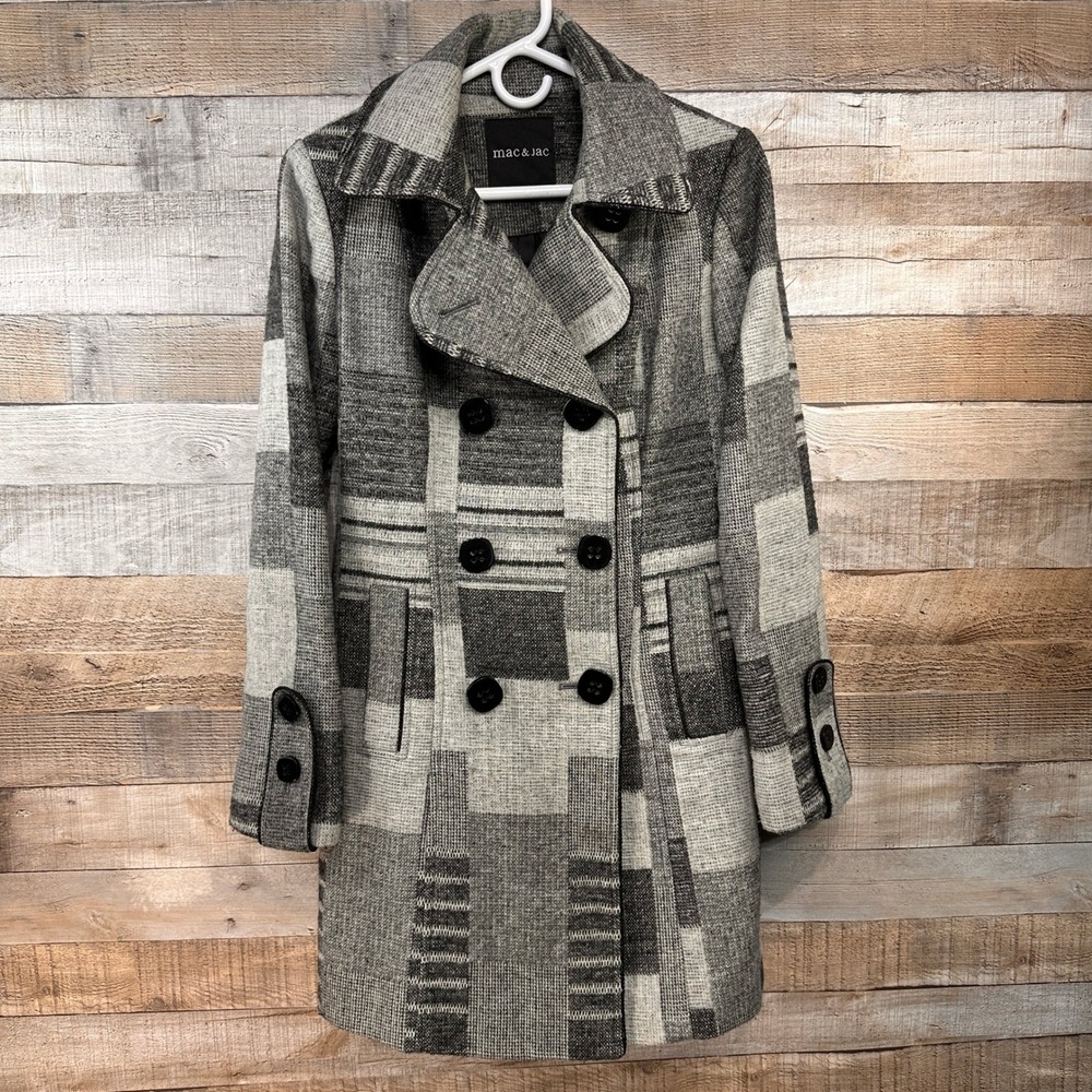 Mac & Jac Womens Grey Patchwork Plaid Double Breasted Pea Coat Jacket Size M